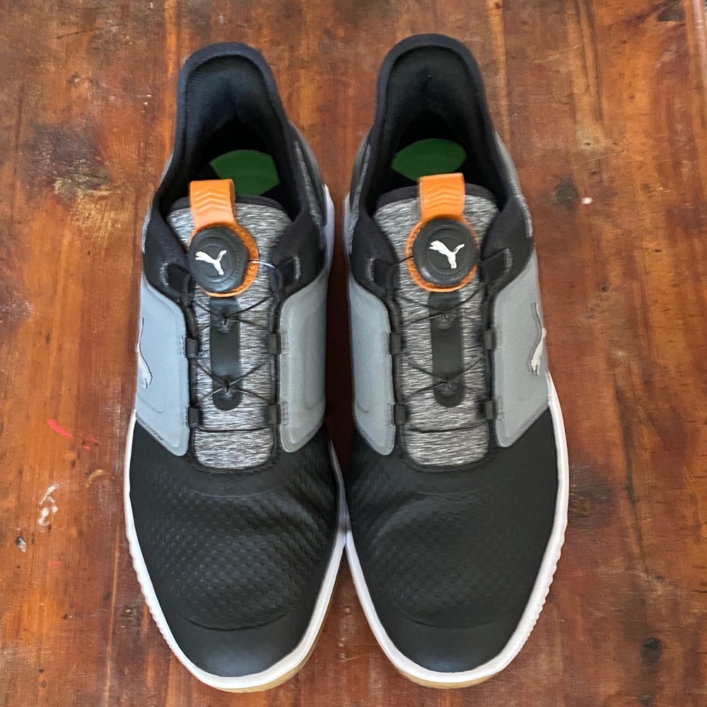 Puma Black and Gray Spikeless Golf Shoes with BOA laces.